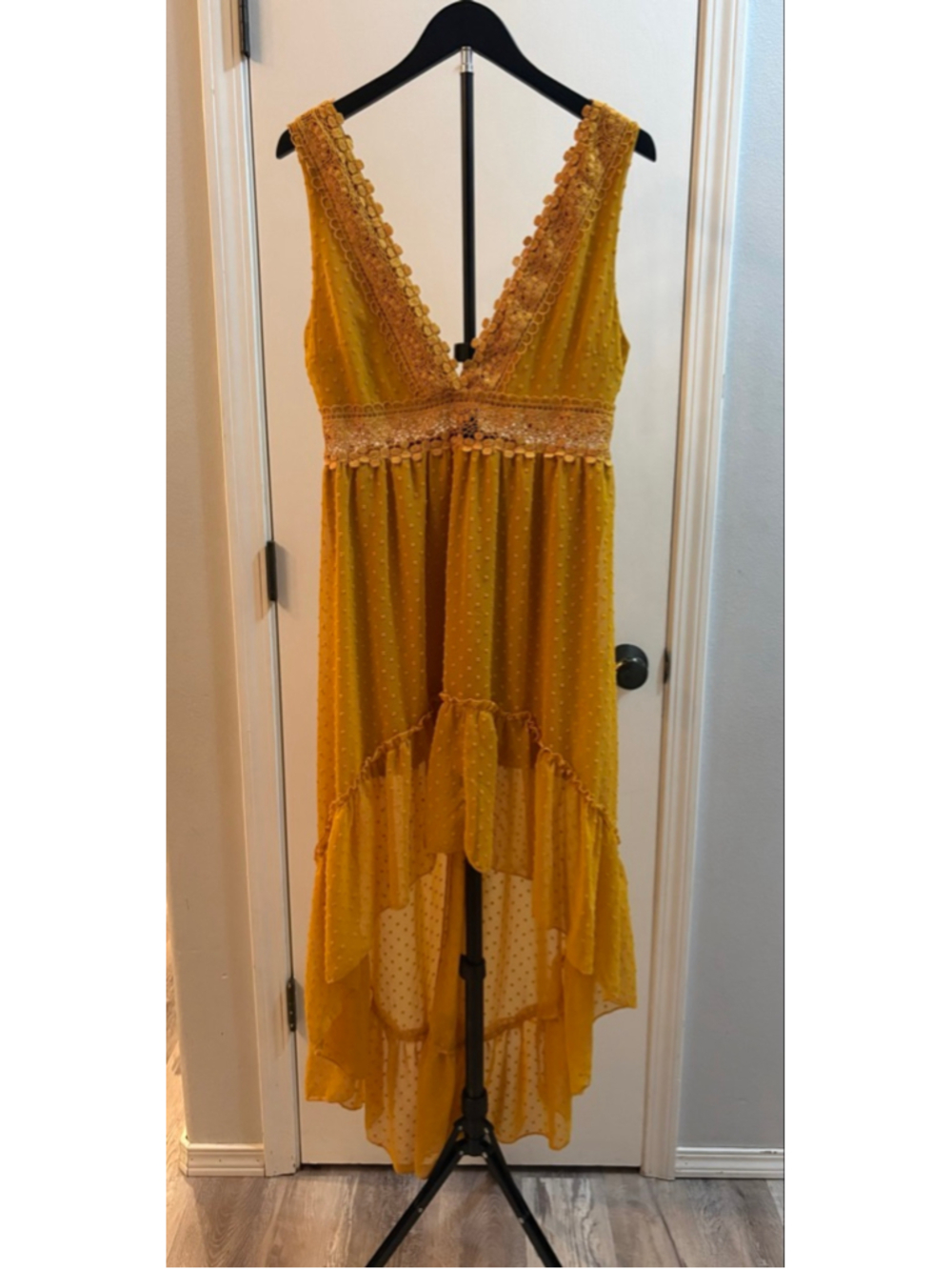 Blashe Los Angeles Mustard Swiss Dot Lace High Low Maxi Dress Boho M